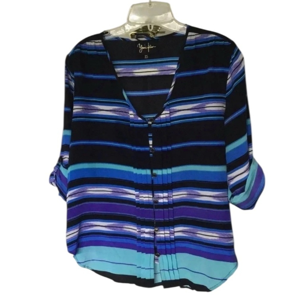 Yumi Kim Lizzie silk blouse blue southwestern stripe $145. tab sleeves Size XS - Picture 2 of 11